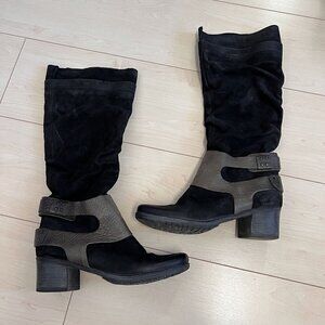 MJUS Knee High Black Suede Boots With Grey Harness Detail Sz 40